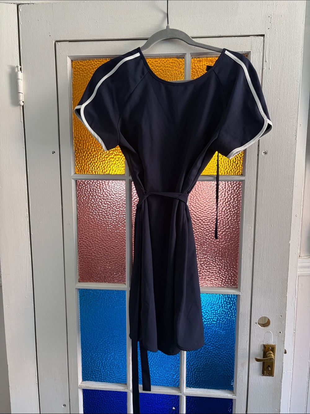 Banana Republic Navy Short-Sleeve Belted Mini Dress with White Trim